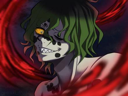 HD PC desktop wallpaper featuring Gyutaro from the anime Demon Slayer: Kimetsu no Yaiba, showcasing his menacing expression and distinctive green hair.