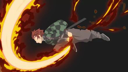 Tanjiro Kamado from Demon Slayer: Kimetsu no Yaiba unleashes a fiery attack in this vibrant 4K Ultra HD anime desktop wallpaper.