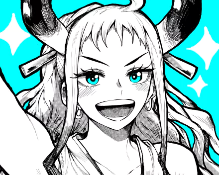 HD PC desktop wallpaper featuring Yamato from the anime One Piece, showcasing a close-up black-and-white illustration with vibrant turquoise eyes and background highlights.