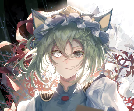 Eiki Shiki (Touhou) anime portrait: green-haired, fox-eared guardian in a frilled headdress, vibrant 2K Quad HD PC desktop wallpaper/background.