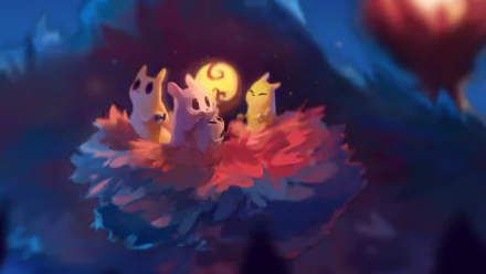 HD PC desktop wallpaper featuring characters from the video game Rain World nestled together in a glowing nest under a moonlit night sky.