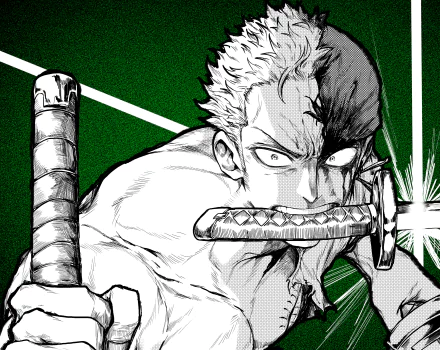 HD PC desktop wallpaper of Roronoa Zoro from One Piece in dynamic black-and-white manga style with a green background and intense sword-ready pose.
