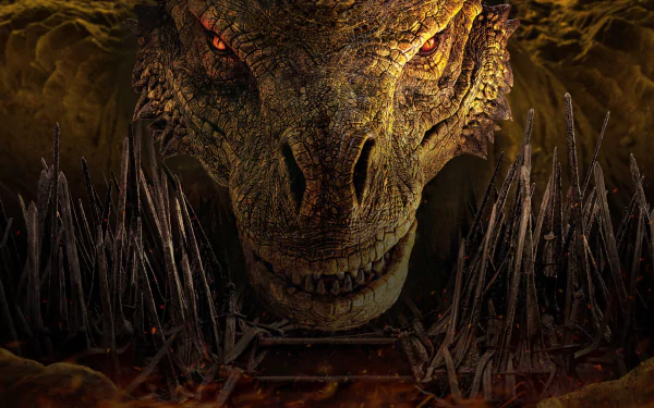 Close-up of a fierce dragon from the TV show House of the Dragon, featured in a 4K Ultra HD PC desktop wallpaper with dark, intense tones and sharp details.