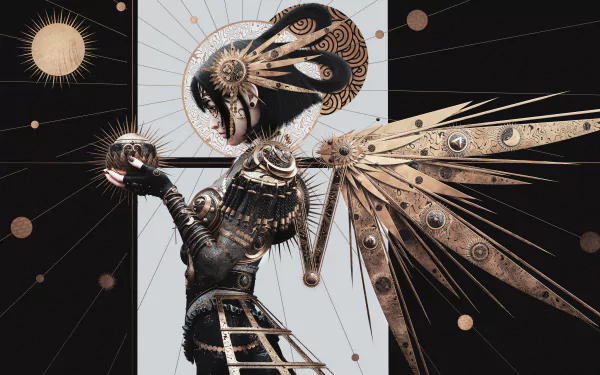 A steampunk fantasy angel in intricate metallic armor and mechanical wings, set against a cosmic background, rendered in stunning 4K Ultra HD for PC desktop.