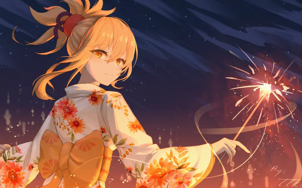 Yoimiya from Genshin Impact holding a sparkler against a night sky, depicted in stunning 4K Ultra HD as a vibrant PC desktop wallpaper.