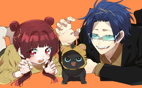 2K Quad HD PC wallpaper: Tooru Kirishima and Yaeka Sakuragi from The Yakuza's Guide to Babysitting lean forward playfully with a black cat in a tiger hoodie against an orange backdrop.