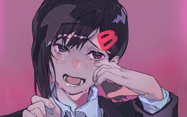 Kobeni Higashiyama (Chainsaw Man) with tearful expression, dark hair and school uniform on a pink-purple gradient background — 2K Quad HD PC desktop wallpaper.