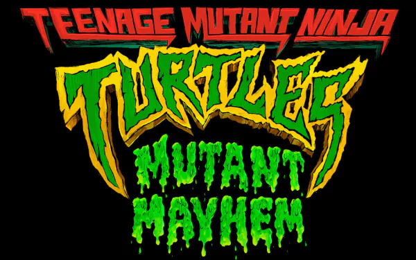 HD PC desktop wallpaper showing the movie Teenage Mutant Ninja Turtles: Mutant Mayhem logo in neon green and yellow text dripping on a black background.