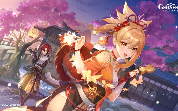 HD PC wallpaper featuring Yoimiya and Shikanoin Heizou from the video game Genshin Impact, set against a vibrant cherry blossom background.