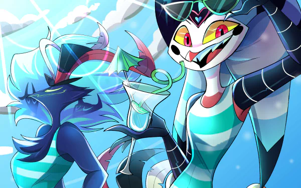 Vibrant 4K Ultra HD PC wallpaper featuring Fizzarolli and Asmodeus from the TV show Helluva Boss, showcasing colorful characters in a lively, dynamic scene.