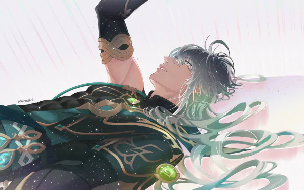 Al-Haitham (Genshin Impact) reclining with flowing hair and ornate green-black outfit, glowing gem accents — 4K Ultra HD PC desktop wallpaper/background, video game artwork.