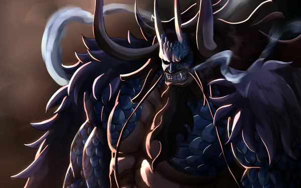 Kaido (One Piece) — menacing horned, muscular figure in a dark, smoky anime scene with dramatic lighting; 2K Quad HD PC desktop wallpaper/background.