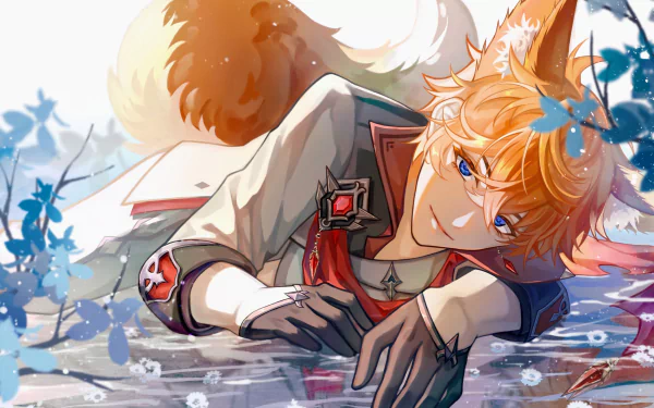 Tartaglia (Childe) from Genshin Impact lounges on reflective water with fox ears and tail, blue flowers scattered — 2K Quad HD PC desktop wallpaper.