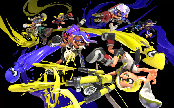 4K Ultra HD Splatoon 3 wallpaper featuring dynamic characters in action, surrounded by vibrant blue and yellow ink splashes on a black background.