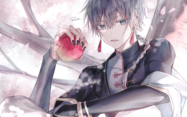 4K Ultra HD PC desktop wallpaper and background of an anime boy: silver‑haired youth in a dark ornate robe holds a red apple beneath pink cherry blossoms, bathed in soft light and delicate shadows.