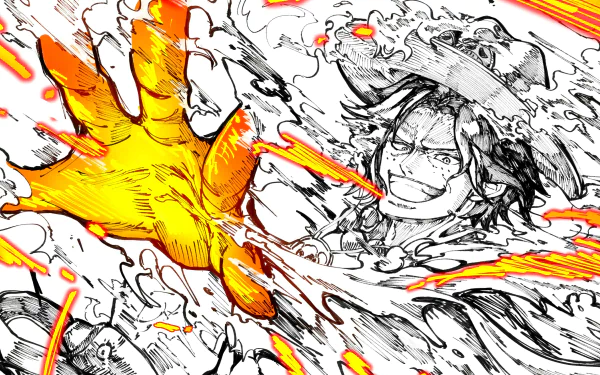 HD PC desktop wallpaper featuring Portgas D. Ace from the anime One Piece, depicted using fiery powers in a dynamic, high-energy black-and-white illustration with vibrant orange flames.