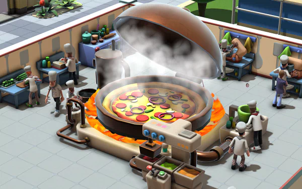 HD desktop wallpaper featuring a Two Point Campus game screenshot with animated characters around a large, steaming machine cooking colorful dishes.