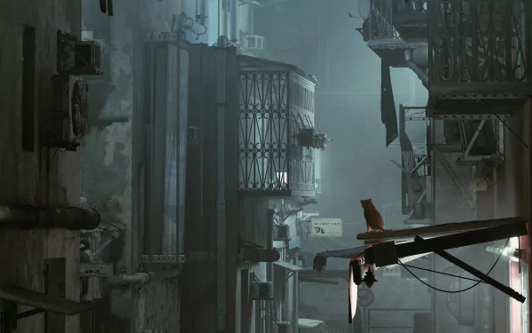 4K Ultra HD PC desktop wallpaper and background from the video game Stray: a lone cat perched on a rooftop beam, gazing over foggy, neon-lit industrial alleyways.