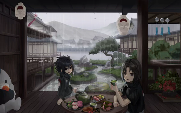 4K Ultra HD anime wallpaper featuring Sasuke and Itachi Uchiha from Naruto, sharing tea in a serene traditional Japanese setting with a garden and misty mountains in the background.
