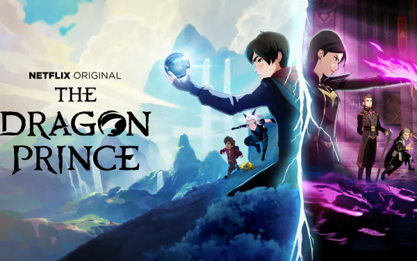 HD PC desktop wallpaper of Netflix's The Dragon Prince: main characters wielding magic across a split light-and-dark landscape with the series logo visible.