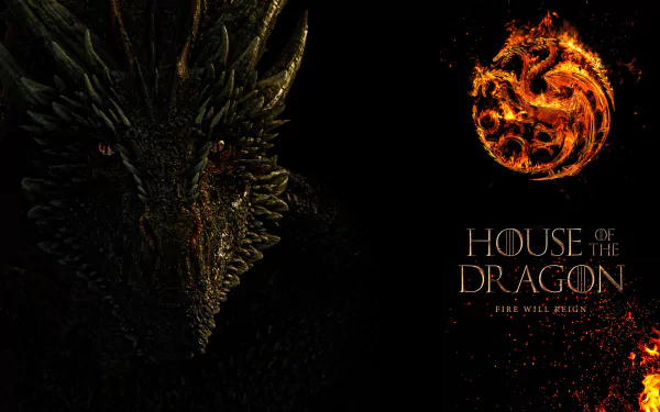4K Ultra HD wallpaper featuring a fiery dragon and the House of the Dragon logo from the TV show, set against a dark background with intense fire elements.