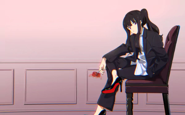 Takina Inoue from Lycoris Recoil sits on a chair against a soft pink wall in this 8K Ultra HD anime desktop wallpaper.