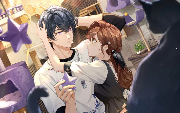 2K Quad HD PC wallpaper of Izumi Kei from the video game Tears of Themis: he and a woman share an intimate gaze in a cozy, cat-themed room.