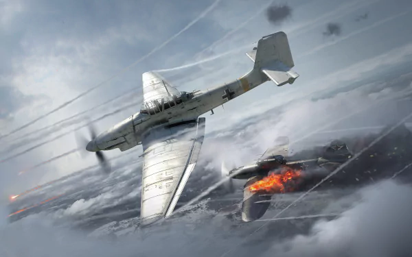2K Quad HD PC desktop wallpaper: Luftwaffe Junkers Ju 87 Stuka dive bomber diving through clouds, striking an exploding enemy plane in dramatic military aerial combat.