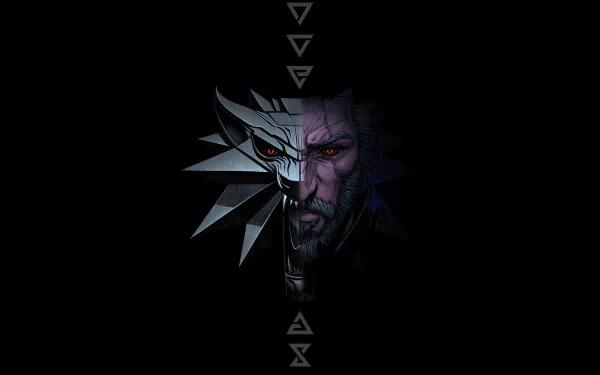 4K Ultra HD PC desktop wallpaper featuring a split image of a menacing character and the Witcher medallion from the video game The Witcher 3: Wild Hunt.
