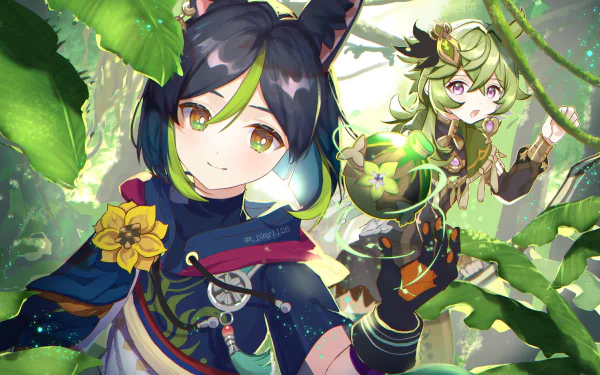 HD PC desktop wallpaper featuring Collei and Tighnari from the video game Genshin Impact, set in a lush, vibrant forest environment.