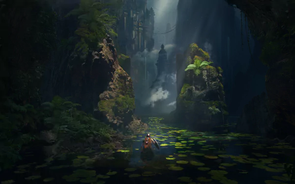 4K Ultra HD PC desktop wallpaper and background: lone explorer in a small boat paddles through a misty, lily-covered cavern toward towering ruined spires in a shadowed fantasy landscape.