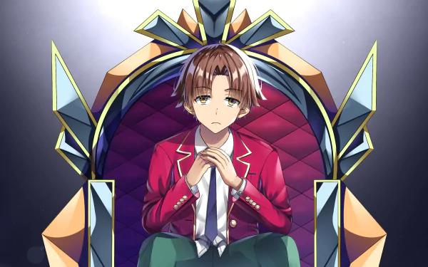 HD PC desktop wallpaper of Kiyotaka Ayanokōji from the anime Classroom of the Elite, seated on a throne with a serious expression.