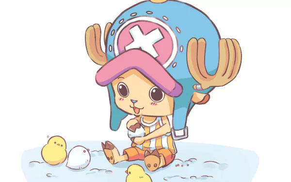 HD anime desktop wallpaper featuring Tony Tony Chopper from One Piece, sitting cheerfully with small chicks around him on a white background.