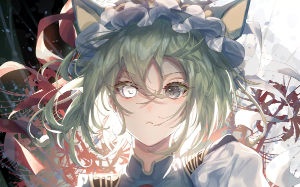 Eiki Shiki (Touhou) anime portrait: green-haired, fox-eared guardian in a frilled headdress, vibrant 2K Quad HD PC desktop wallpaper/background.