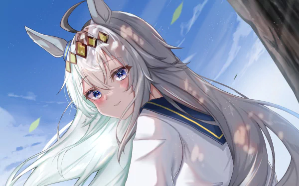 HD PC desktop wallpaper of Oguri Cap (Uma Musume) from Uma Musume: Pretty Derby — anime portrait of her with flowing silver hair, horse ears and sailor uniform against a blue sky.