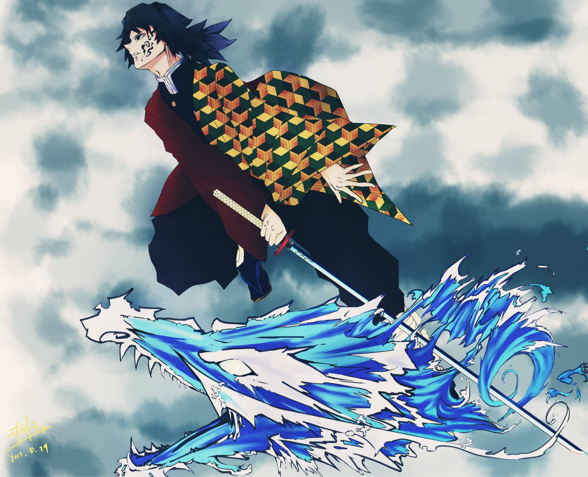Giyuu Tomioka from Demon Slayer: Kimetsu no Yaiba amid clouds, drawing a katana that forms a blue water dragon — anime 2K Quad HD PC desktop wallpaper.