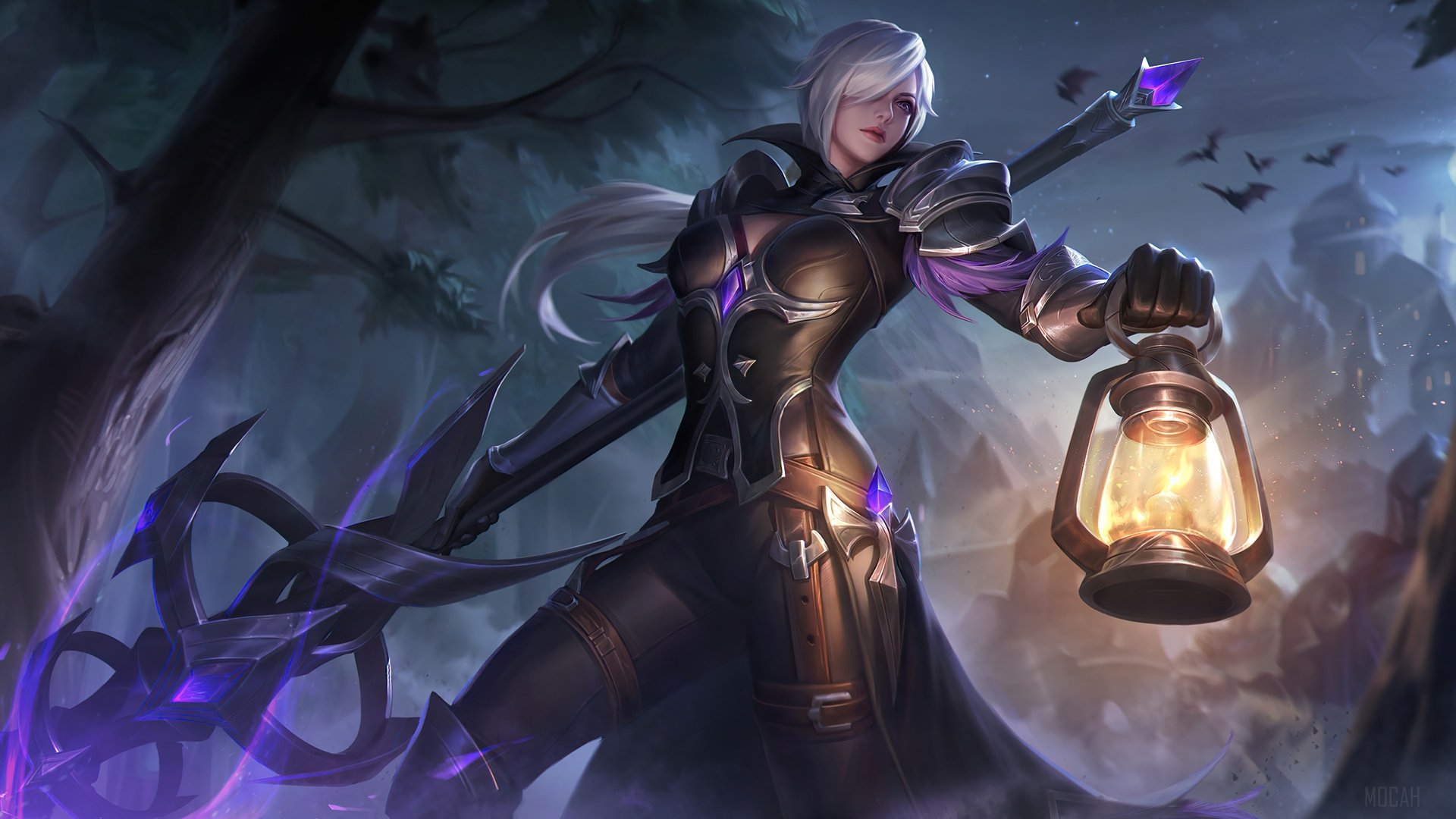 4K Ultra HD PC desktop wallpaper featuring a Mobile Legends: Bang Bang character in dark armor holding a lantern, set against a shadowy forest backdrop with flying bats.