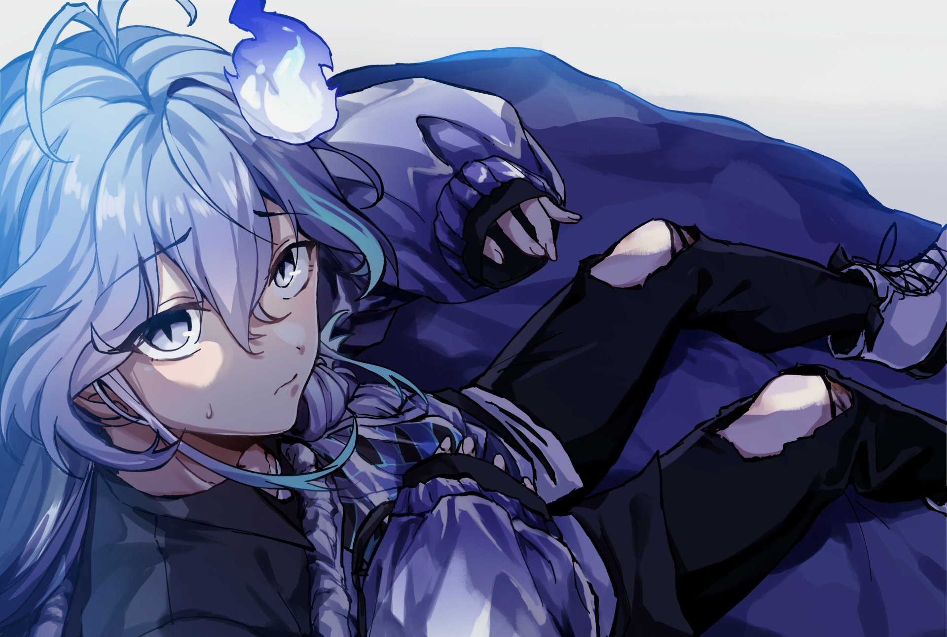 4K Ultra HD anime PC wallpaper of Holostars Virtual YouTuber Minase Rio reclining on a dark cloak, blue braided hair, ripped black jeans and a moody, serious gaze.