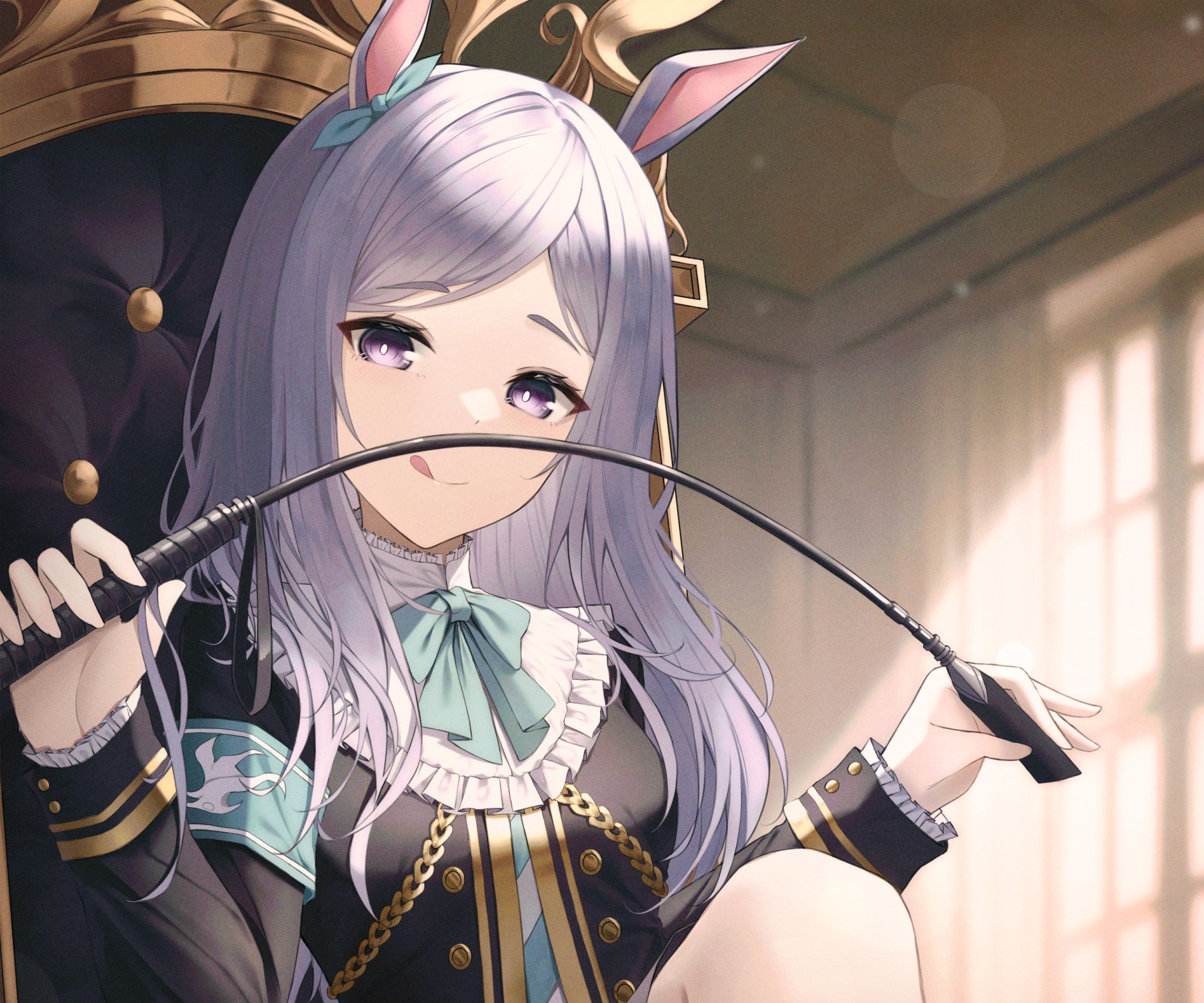 Mejiro McQueen from Uma Musume: Pretty Derby — anime 2K Quad HD PC desktop wallpaper of a silver-haired, purple-eyed girl in a frilled riding outfit holding a crop near her mouth.