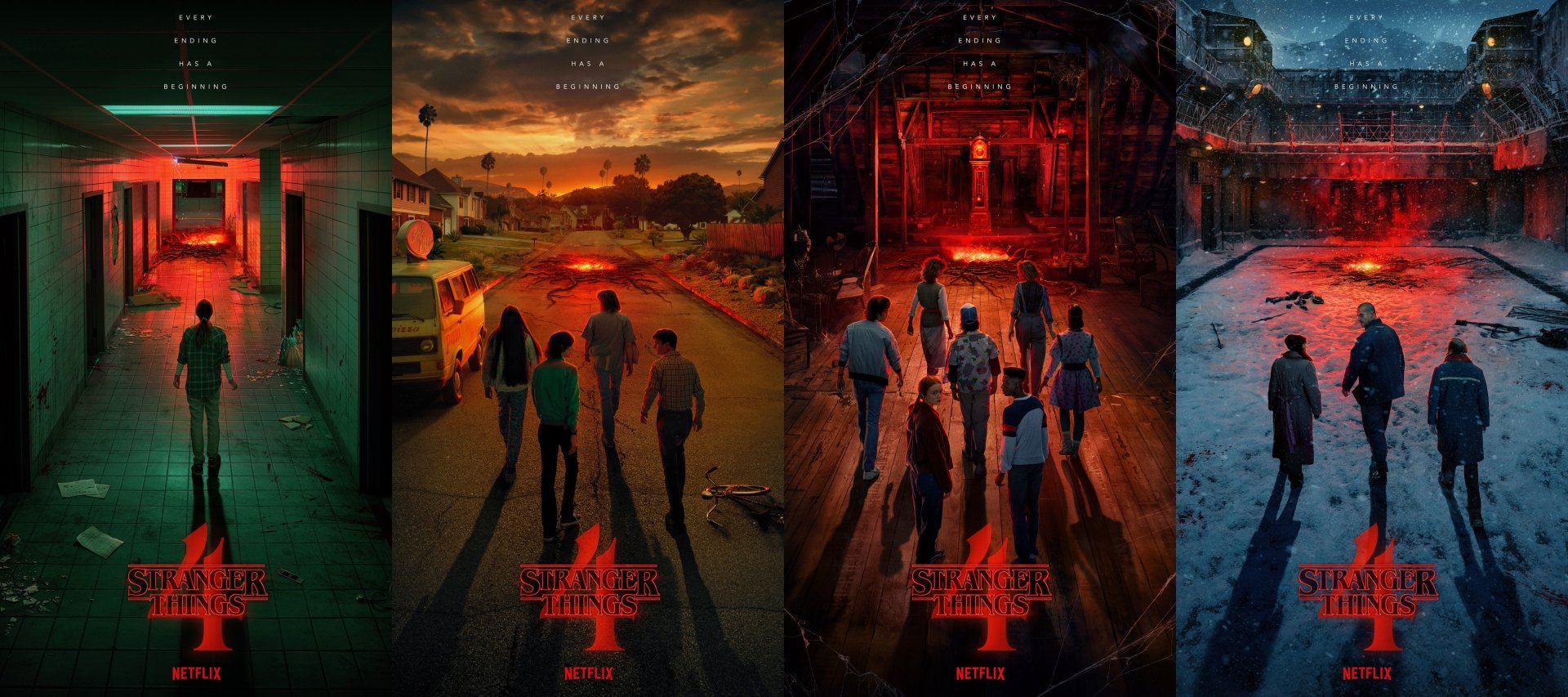 Stranger Things TV show 4K Ultra HD PC desktop wallpaper: four moody panels of characters walking toward ominous, red-lit Upside Down landscapes with the season 4 title logo.
