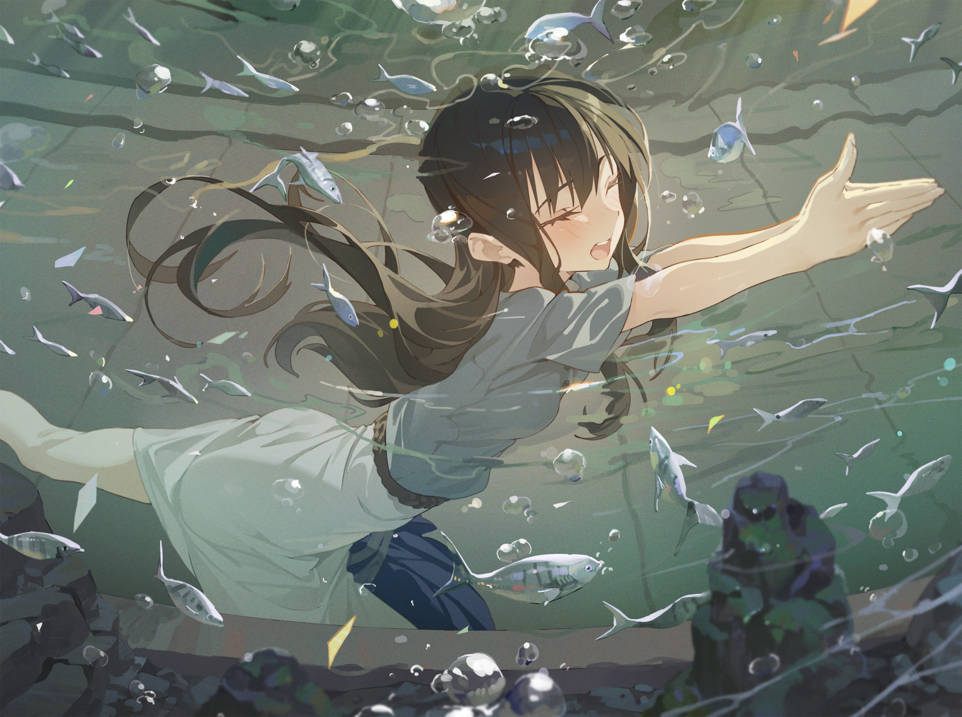 HD anime desktop wallpaper featuring Takina Inoue from Lycoris Recoil underwater surrounded by small fish, with detailed lighting and motion effects.
