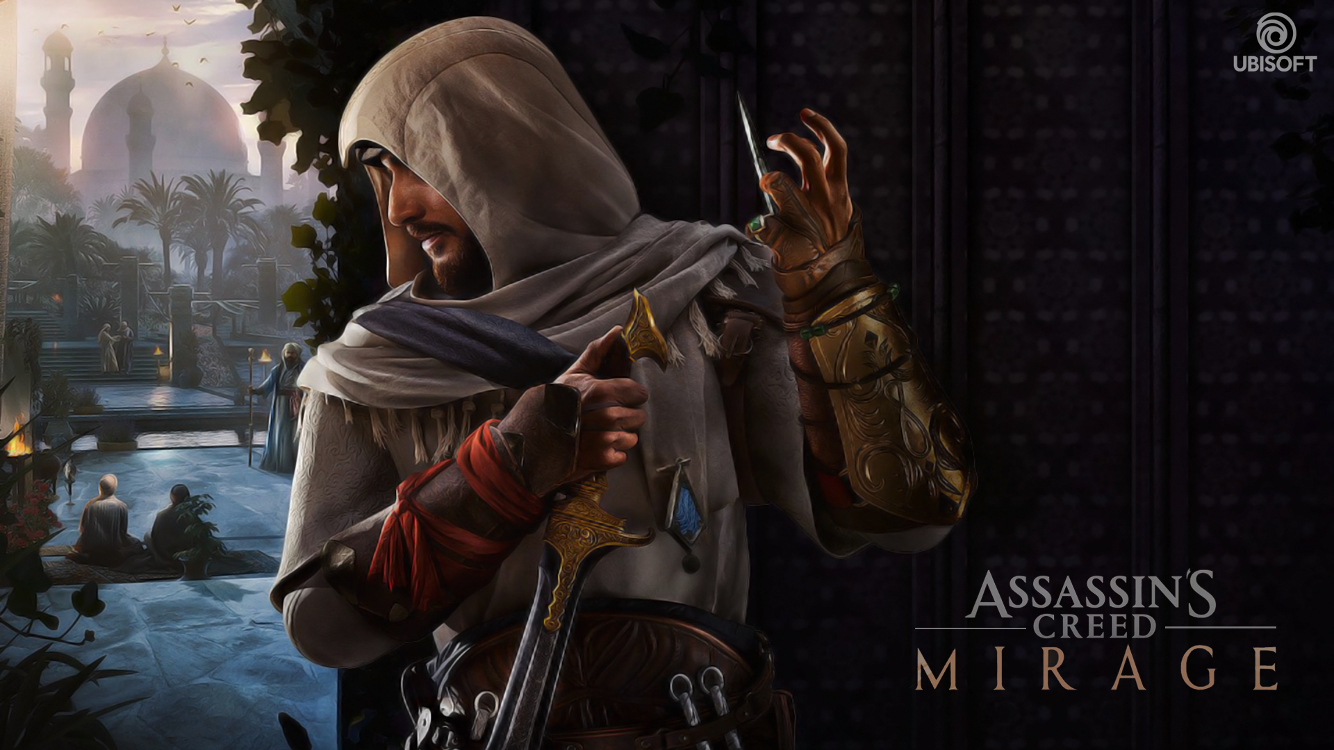 Assassin's Creed Mirage video game HD PC desktop wallpaper and background: hooded assassin with dagger overlooking a moonlit river, palm trees and a domed city skyline.