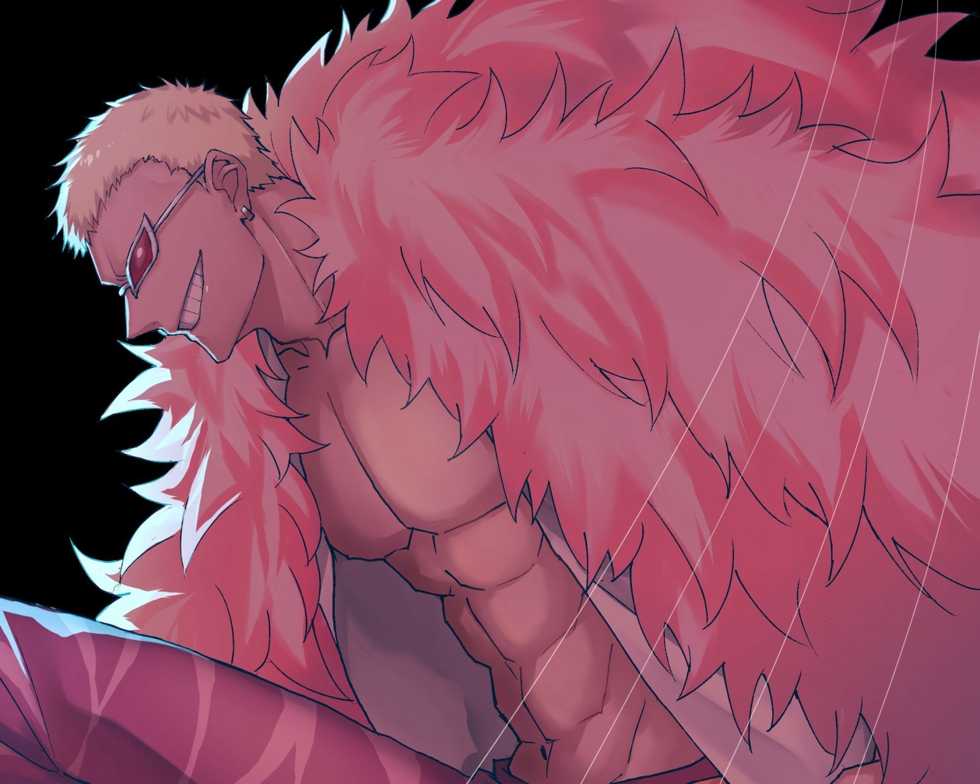 Donquixote Doflamingo (One Piece) smirks in dramatic lighting, draped in his pink feather coat — HD anime PC desktop wallpaper.