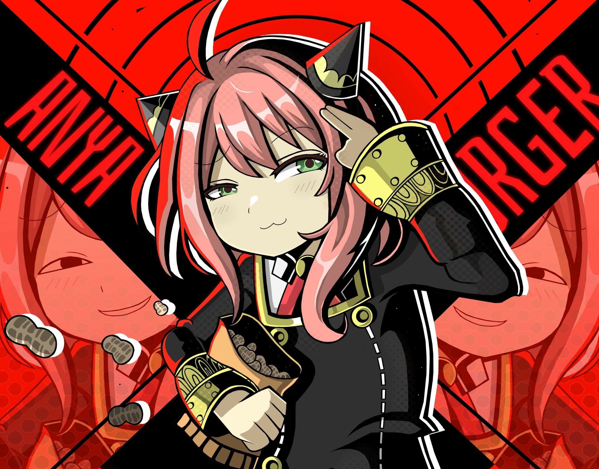 Anya Forger (Spy x Family) smirks while holding a sandwich and snacks against a bold red background — 4K Ultra HD anime PC desktop wallpaper.