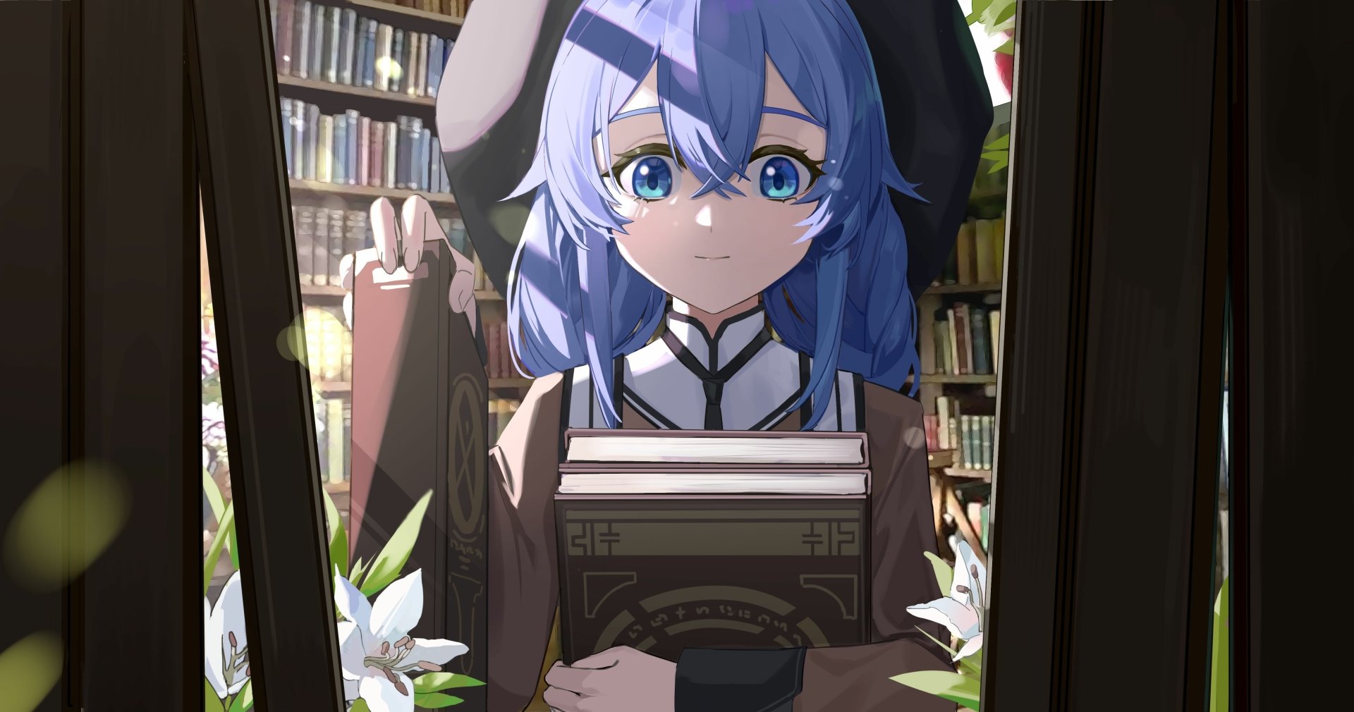 Roxy Migurdia from Mushoku Tensei: Jobless Reincarnation is depicted holding books in a detailed anime-style 4K Ultra HD PC desktop wallpaper background.