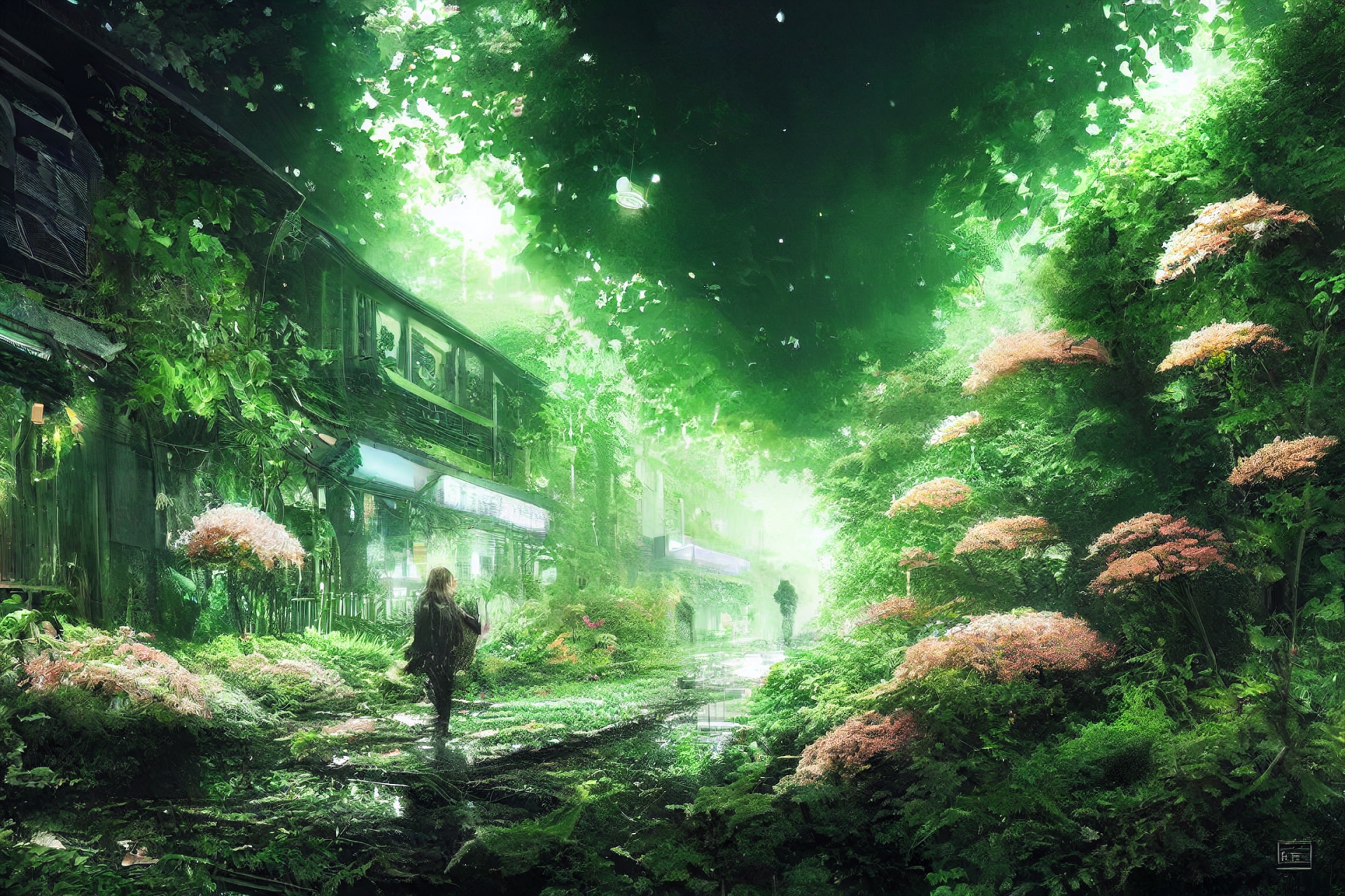 HD PC desktop wallpaper featuring AI-generated Japanese scenery with lush greenery, soft sunlight, and traditional architecture blending nature and urban elements.