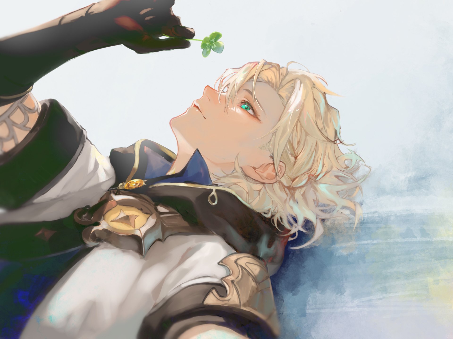 2K Quad HD PC wallpaper of Albedo (Genshin Impact): reclining with pale blond hair and teal eyes in his alchemist outfit, reaching toward a small clover against a soft blue background.