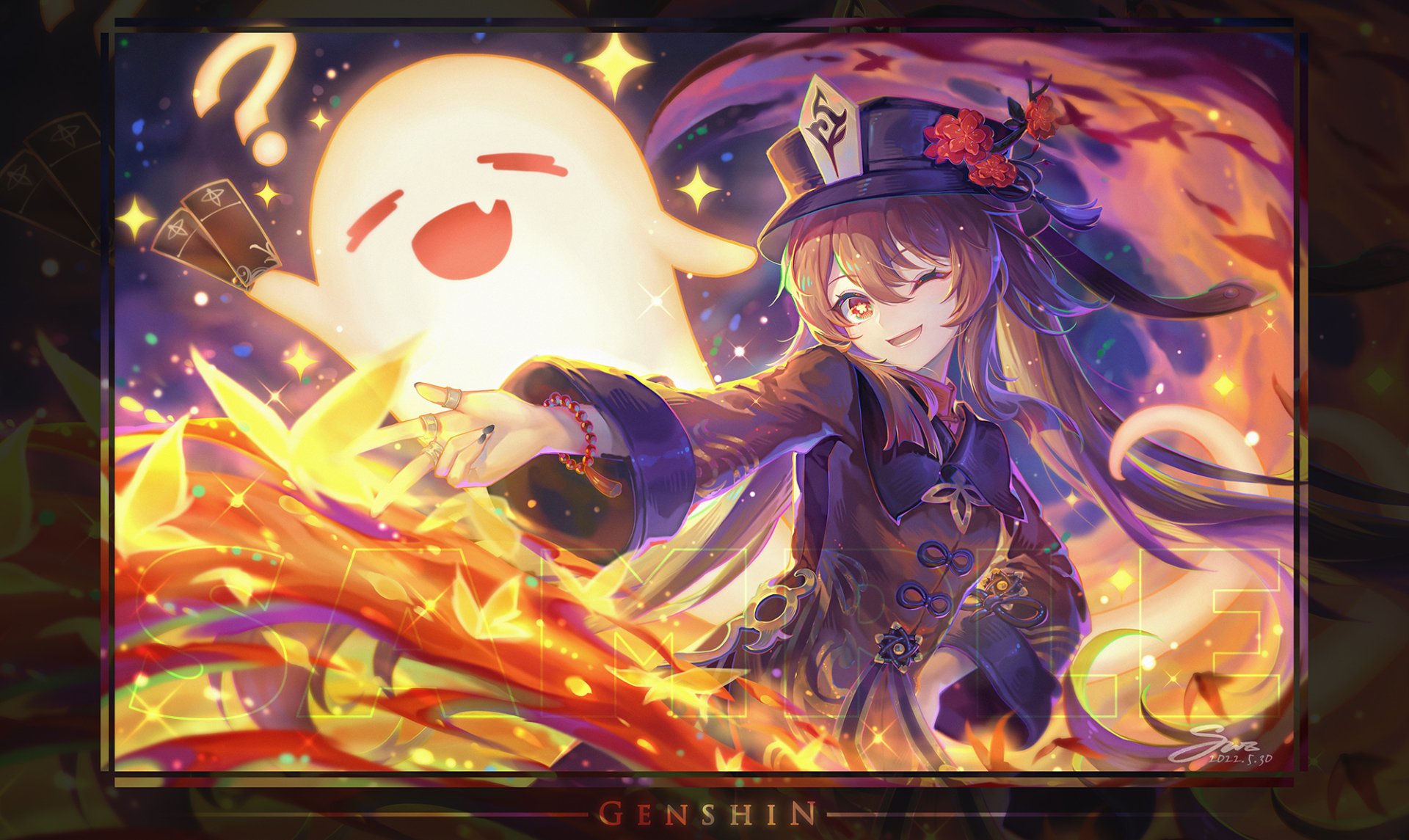 HD PC desktop wallpaper featuring Hu Tao from the video game Genshin Impact, depicted with a playful spirit and vibrant flames in a mystical setting.