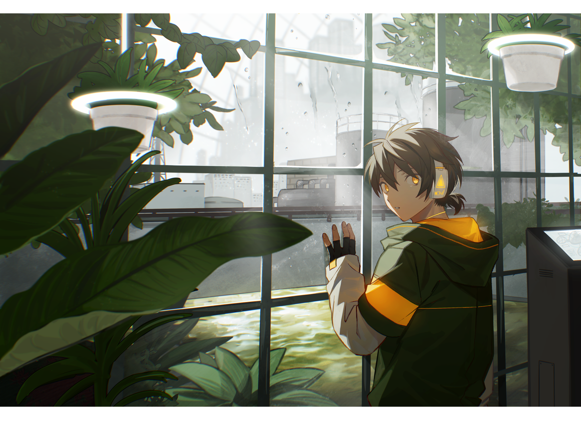 Anime boy with brown hair and yellow highlights stands inside a bright room with large windows, surrounded by plants, rendered in 4K Ultra HD for PC desktop wallpaper.