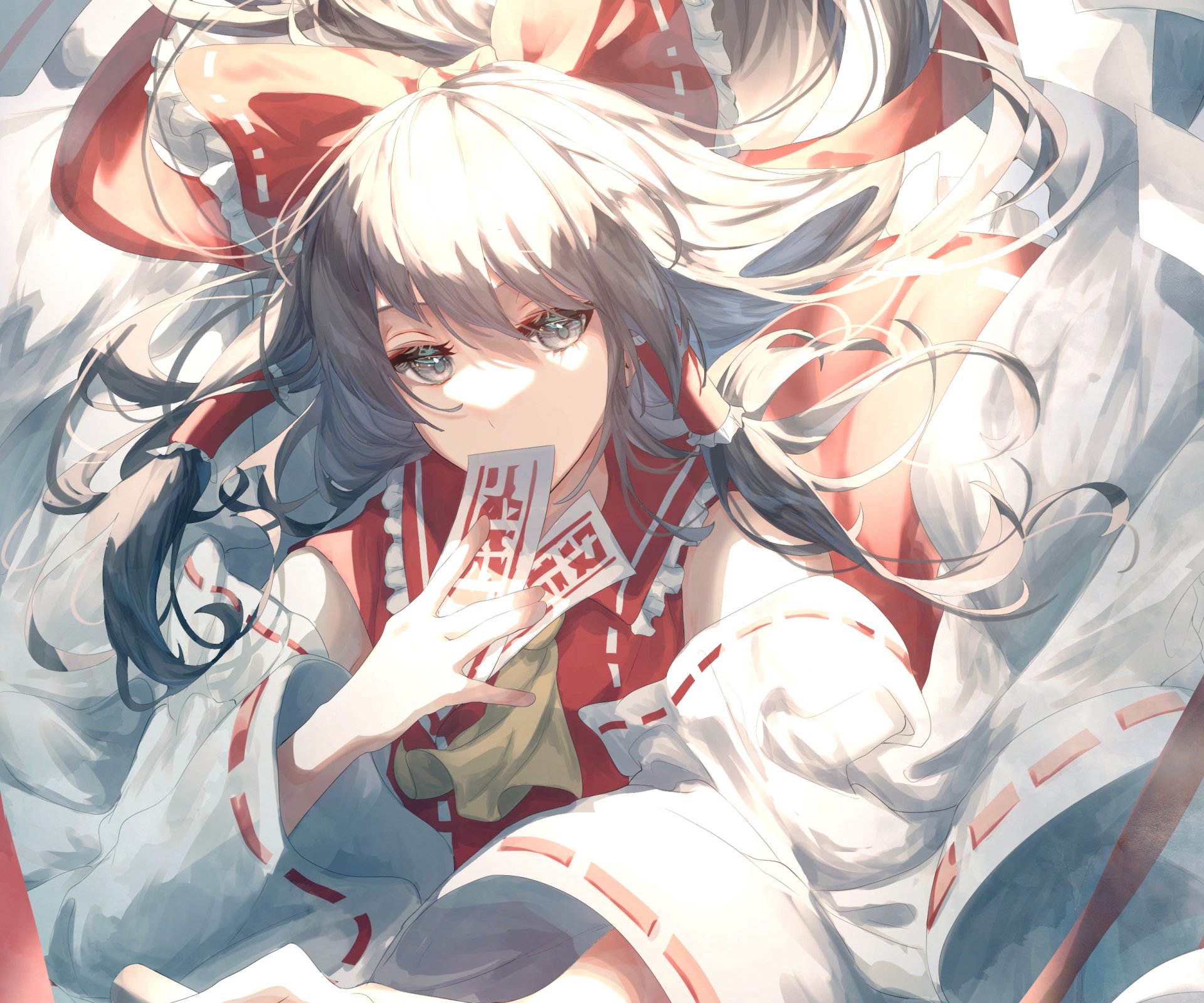 HD PC desktop wallpaper featuring Reimu Hakurei from the anime Touhou, depicted with flowing hair and traditional red and white shrine maiden attire.